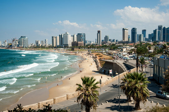 Sea coast and the view of the Tel Aviv
