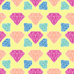 Vector seamless diamond, crystal pattern in purple, orange, blue, green colors on yellow background. Colorful and simple design for wrapping, textile, fabric, paper, website, card, wallpaper, sticker