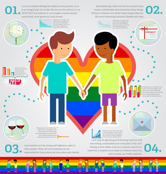 Love marriage couple of two men infographic set. Same-sex marriage. Vector illustration, image LGBT International flag (lesbian, gay, bisexual). Flat style.