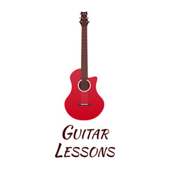 Guitar lessons, school logo. Vector flat illustration. Music.