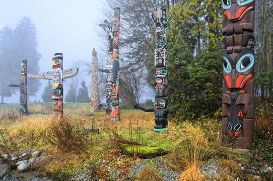 West Coast First Nations totem poles at Totem Park, Brockton Point, Stanley Park, Vancouver, British Columbia