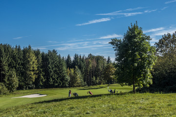 Spielbahn auf Golfplatz mit Sandbunker und Rough