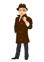 detective man looking through magnifying glass isolated over white background