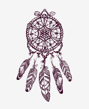 Ethnic dream catcher with feathers. American Indian style. Vector illustration