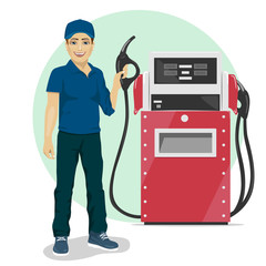 Gas station worker holding petrol pump standing next to fuel dispenser