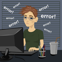 young sad teenager confused and being in bad temper with error message on computer