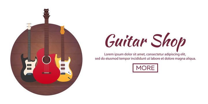 Poster with musical instruments. Guitar shop. Flat design.