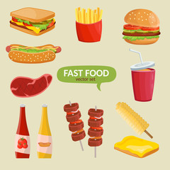 Colorful cartoon set of fast food vector isolated icons. Ketchup, sauce, mustard, french fries, hamburger, potatos, hot dog. 