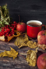Hot tea cup on an autumn day. Table background with leaves and a