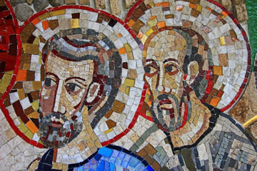 Colorful mosaic in the patio of Polloc church. A very nice modern art craftsmanship.