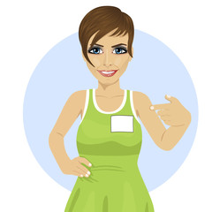 young woman showing blank name tag