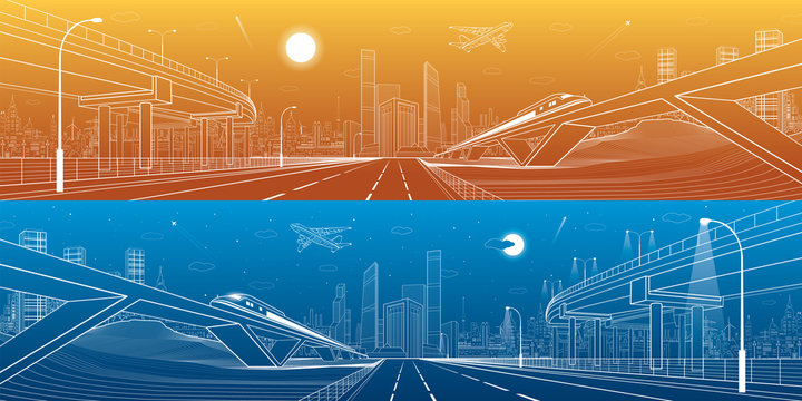 Automobile overpass, infrastructure and transportation panorama, airplane fly, train move on the bridge, business center, day and night city, towers and skyscrapers, urban scene, vector design art