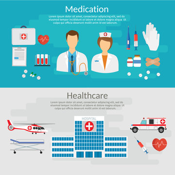Medical infographics. Vertor tools and pills set 