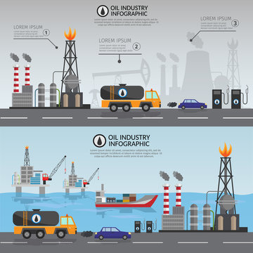 Oil industry processing and transportation infographics set production elements. 