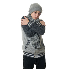 Cute teenager boy in gray sweater over white isolated background