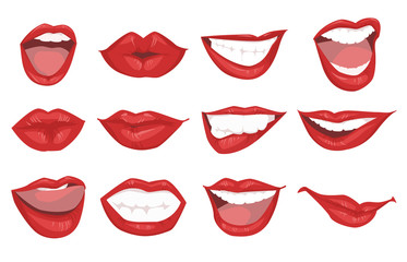 Set realistic woman red lips icons isolated on white background. Gestures lips vector illustration.