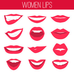 Female lips with red lipstick flat icons isolated on white background. Gestures lips desire, temptation, seduction, trembling, temptation, passion, hot. Vector illustration.