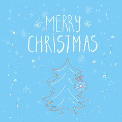 Merry Christmas text  on a winter background with snow and snowflakes. Greeting card template, poster with quote. T-shirt design, card design or home decor element. Vector.