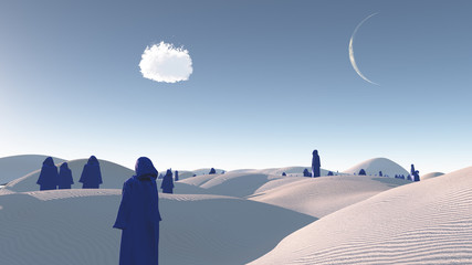 figures in blue robes in the desert