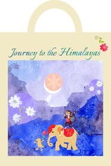 Template for bag. Journey to the Himalayas. Beautiful print with cute monkey, elephant and small crocodile on watercolor background. Cartoon illustration.