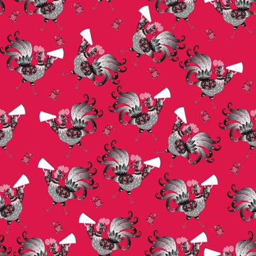 Seamless pattern with cute cartoon roosters. Year of the rooster. 2017. Beautiful background.
