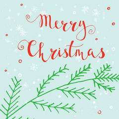 Obraz premium Merry Christmas text on a winter background with snow and snowflakes. Greeting card template, poster with quote. T-shirt design, card design or home decor element. Vector.