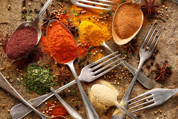 Various spices and herbs , top view