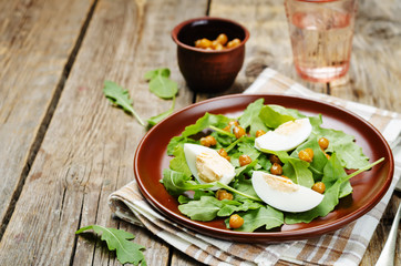 Roasted chickpeas eggs arugula salad