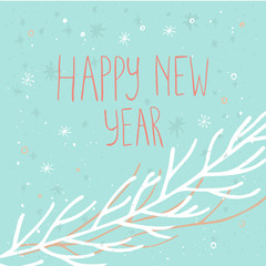 Happy new year  text on a winter background with snow and snowflakes. Greeting card template.Merry Christmas  poster with quote. T-shirt design, card design or home decor element. Vector