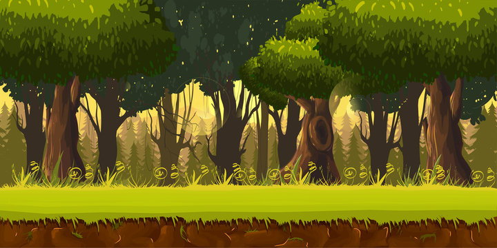 Seamless Spring Forest Landscape, Never Ending Vector Nature Background With Separated Layers For Game Design