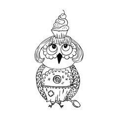 Cute doodle owl with cake on the head. Young lady cartoon chef style.