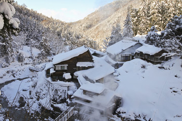 winter valley with snow and wooden houses in Japan Jigokudani