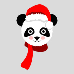 Cartoon panda wearing Santa hat. Vector Illustration
