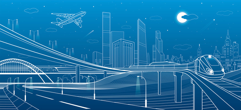 Car overpass, city infrastructure, urban plot, plane takes off, train move on the bridge, transport illustration, white lines on blue background, vector design art