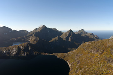 Fototapeta premium Lofoten islands, Norway, trek to Munkebu and Munkan mountain