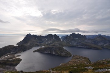 Fototapeta na wymiar Lofoten islands, Norway, trek to Narvtinden mountain