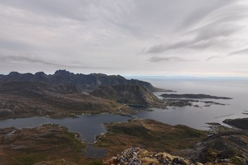 Fototapeta na wymiar Lofoten islands, Norway, trek to Narvtinden mountain
