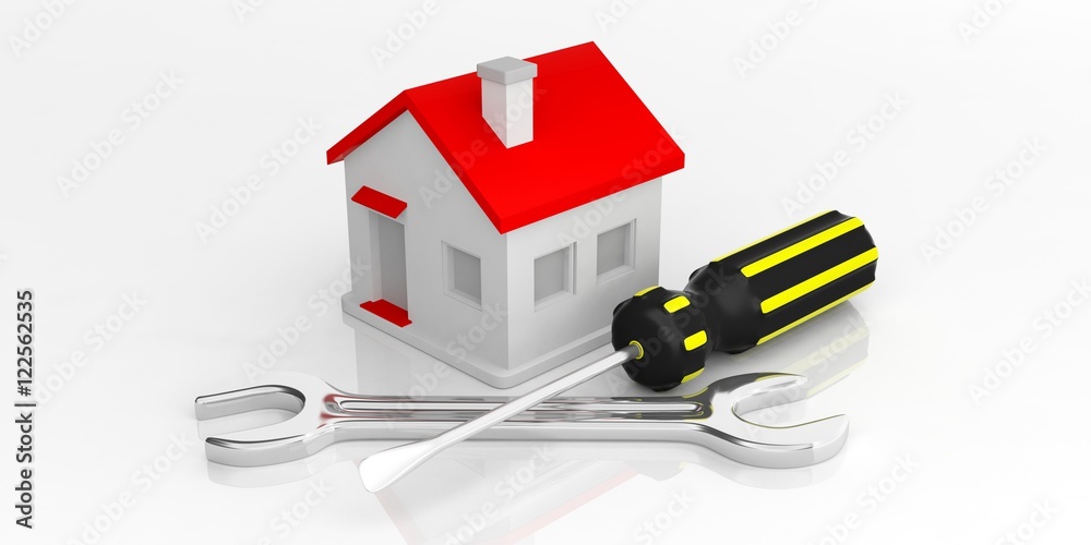 Wall mural house, spanner and screwdriver. 3d illustration