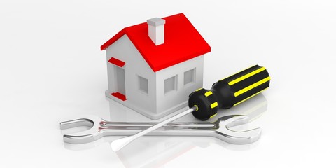 House, spanner and screwdriver. 3d illustration