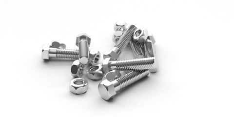 Nuts and bolts on white background. 3d illustration