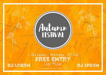 Fall Festival template. Bright colourful autumn leaves on horizontal background. Template for holidays, concerts and parties. Autumn theme