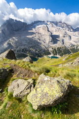 Fototapeta na wymiar Marmolada glacier - majestic Queen of Dolomites and Lago di Fedaia, Dolomites mountains, Italy