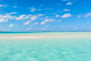 Sandy Beach, turquoise water from Great Exumas, Bahamas 