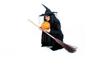Witch With Orange Pumpkin and Broom