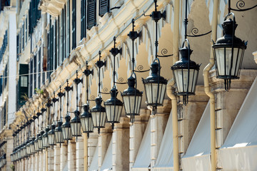 Line of street lamps, Corfu, Greece