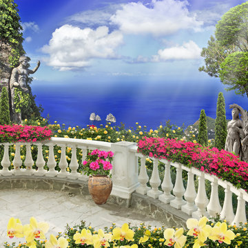 Old balcony with open doors. Flovers and sea view