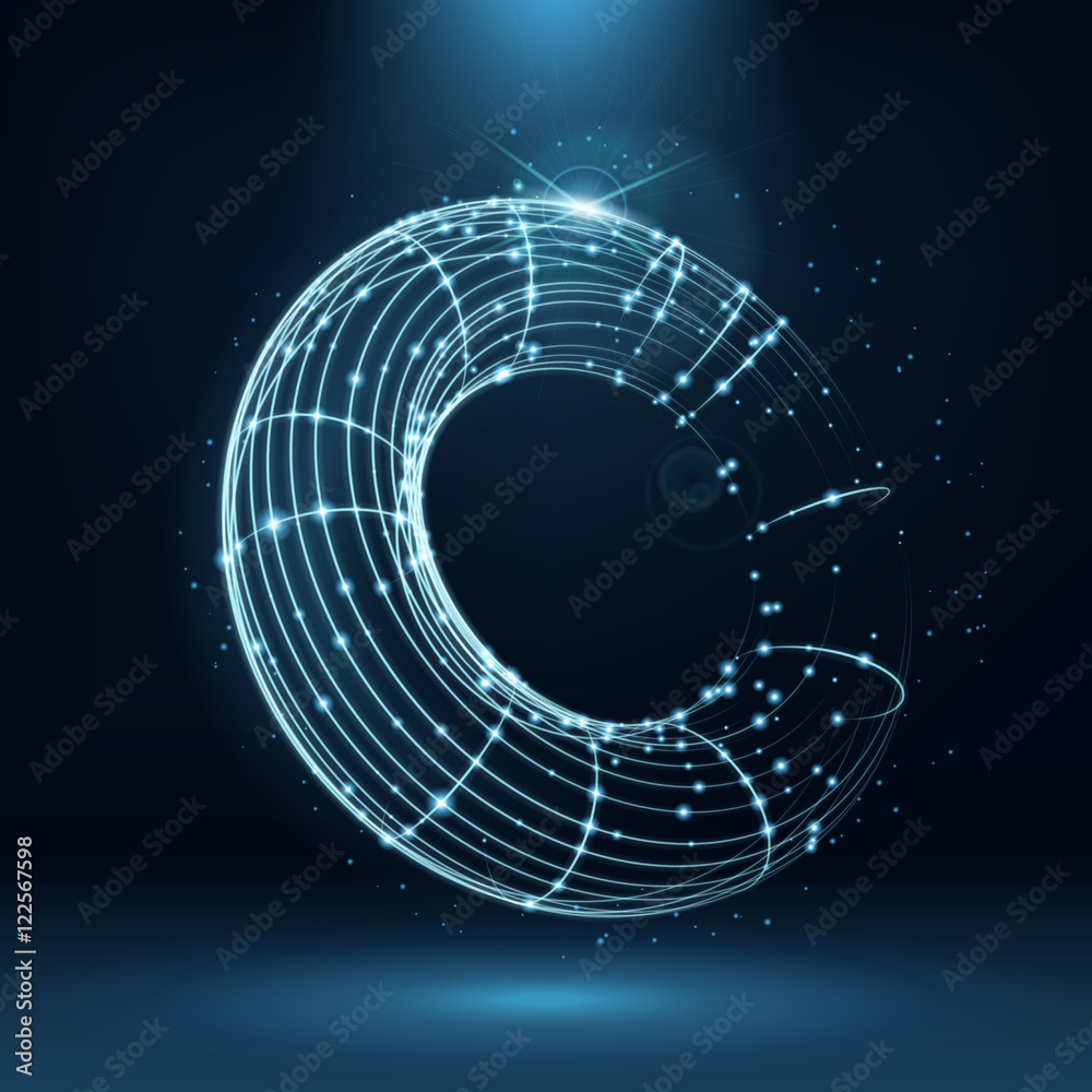 Poster Neon vector background with lines and connection points. Abstract wireframe sphere. The idea of science, digital technology and global communication.