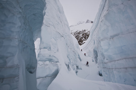 A group of people ski touring in the Canadian Rockies backcountry. Icefall Lodge, British Columbia, Canada
