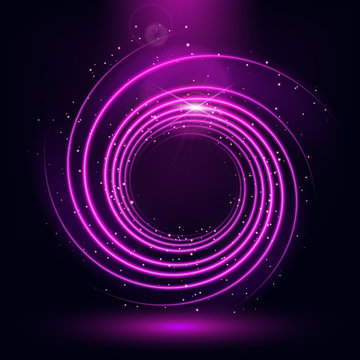 Glowing neon spiral galaxy on a purple background. Abstract space image. Chaotic glowing particles. Vector background for design projects.