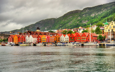 View of famous Bryggen district in Bergen - Norway